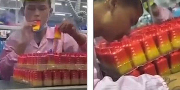 These images show workers at a facility producing fake Elf Bars. The workers are puffing on the devices to test them before packaging them for shipping.