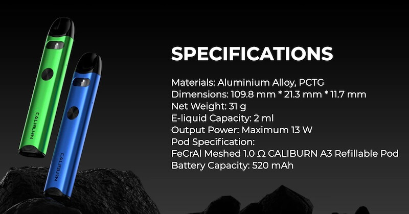 Uwell Caliburn A3 Specifications